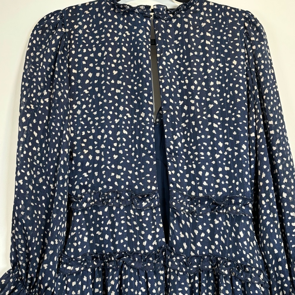 Apricot Navy Blue Ruffle V-Neck Tiered Mini Dress Romantic Cottagecore US 4 - Picture 11 of 16